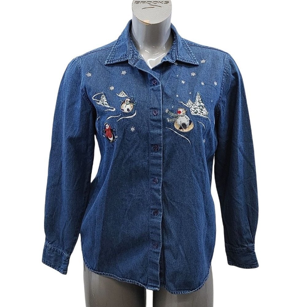 Holiday Joy Button Up Embroidered Shirt Women's Size Medium  Snowmen Cotton Top
